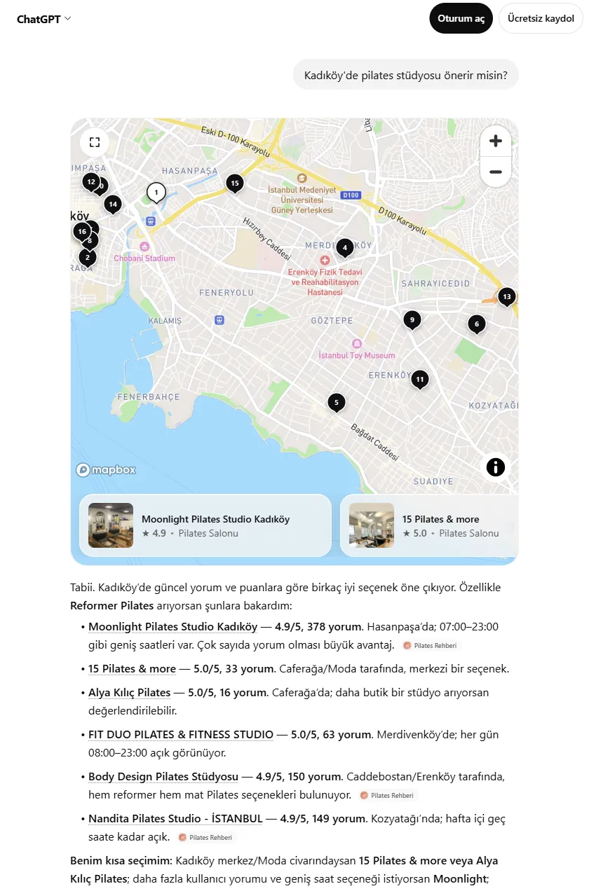 ChatGPT'nin "Kadıköy'de pilates stüdyosu önerir misin?" sorusuna verdiği cevap: isimle sayılan altı stüdyo — Moonlight Kadıköy, 15 Pilates & more, Alya Kılıç, FIT DUO, Body Design, Nandita — semtleri, puanları ve yorum sayılarıyla.